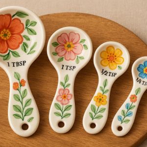 Premium Ceramic Measuring Spoons Set Cute Hand Painted Flower Design Decorative Spoons For Baking Cooking Food Photography