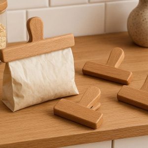Elegant Wooden Food Bag Sealing Clips Natural Beechwood Magnetic Clamps For Aesthetic Kitchen Pantry Counter Storage Decor